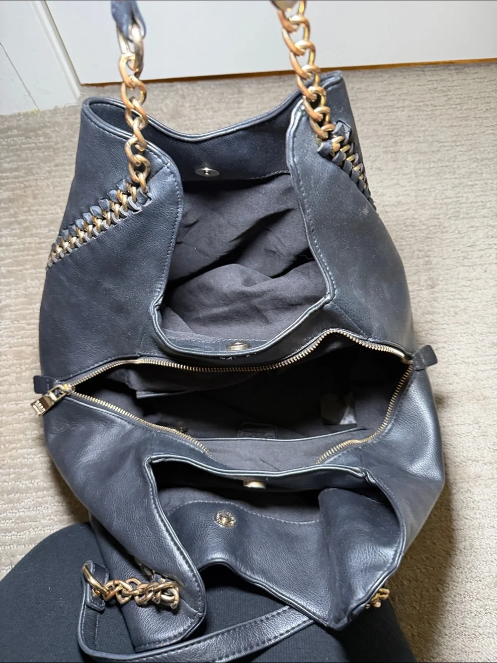 bebe Black Leather Hobo with Gold Chain Trim